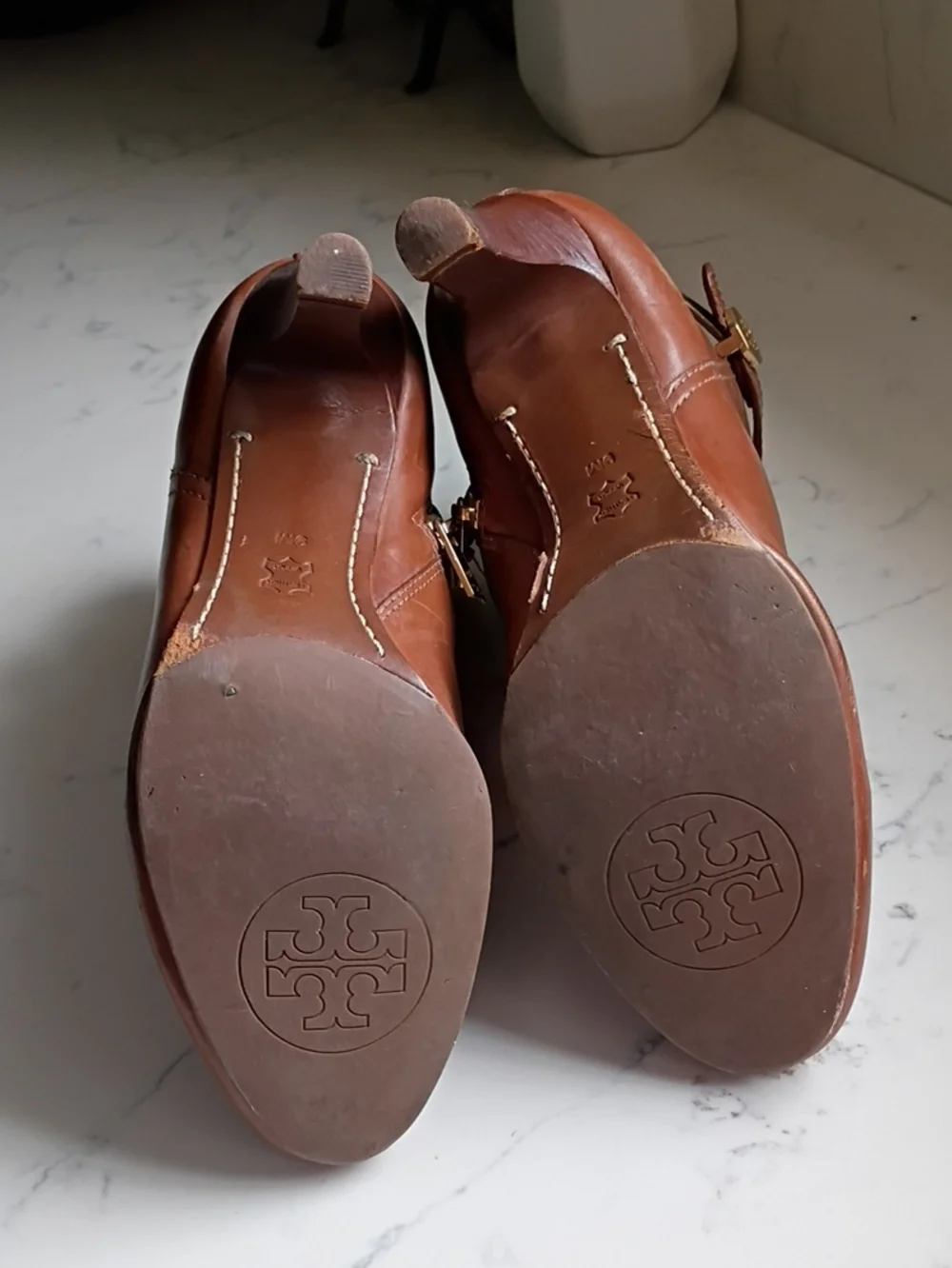 Tory Burch Chestnut Brown Leather Ankle Booties with Logo Accent